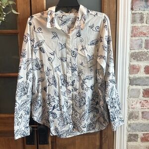 Lucky Brand Womens White Blue Floral Button Down Shirt 100 Cotton Boho Medium